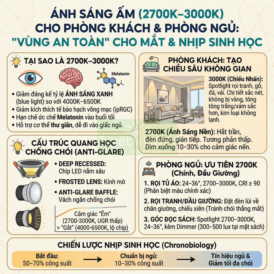 Infographic hướng dẫn chọn ánh sáng ấm 2700K 3000K chống chói cho phòng khách và phòng ngủ tốt cho mắt và giấc ngủ