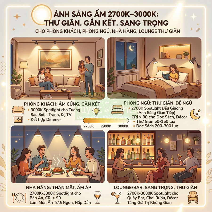 Minh họa ứng dụng đèn spotlight ánh sáng ấm 2700K 3000K cho phòng khách phòng ngủ nhà hàng quầy bar