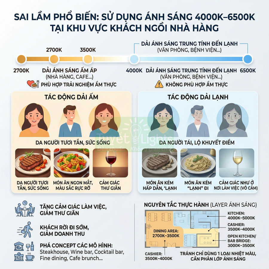 Infographic hướng dẫn chọn nhiệt độ màu đèn LED cho khu vực khách ngồi nhà hàng để tăng trải nghiệm ẩm thực