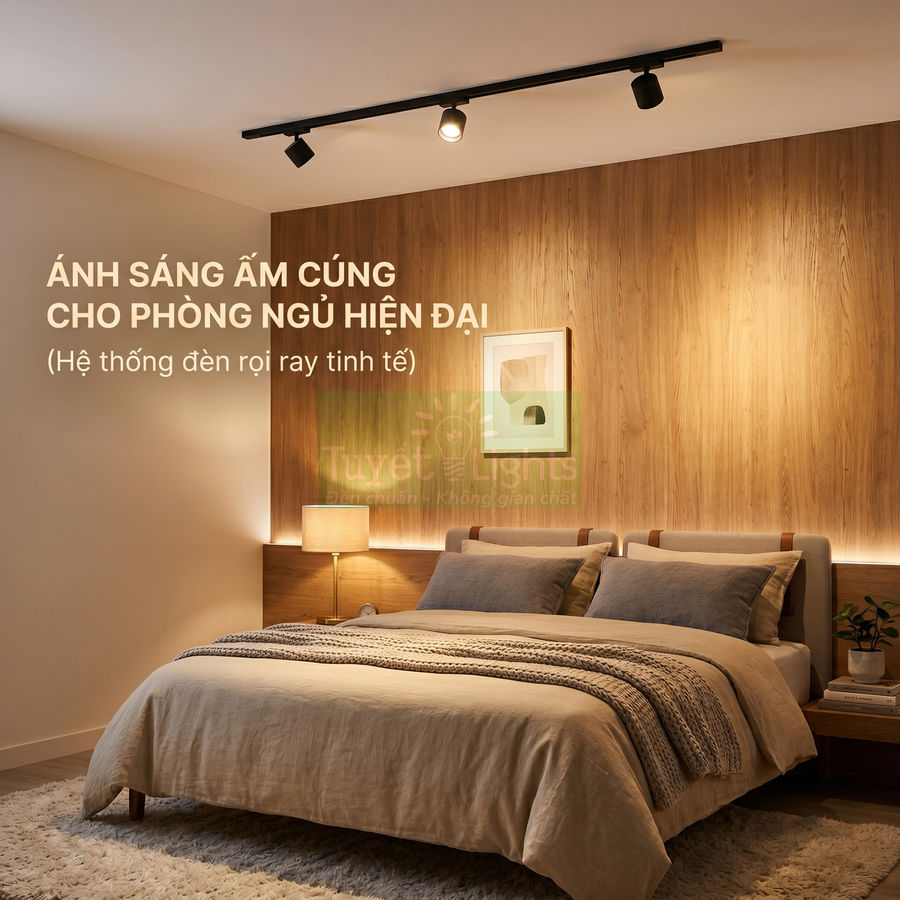 Hệ thống đèn rọi ray Tuyết Lights ánh sáng vàng ấm cho phòng ngủ giường đôi hiện đại