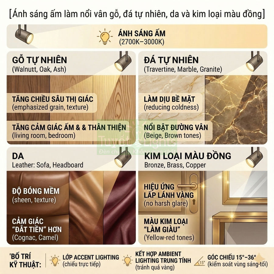 Infographic ánh sáng ấm 2700K 3000K làm nổi bật gỗ tự nhiên đá tự nhiên da và kim loại màu đồng trong nội thất
