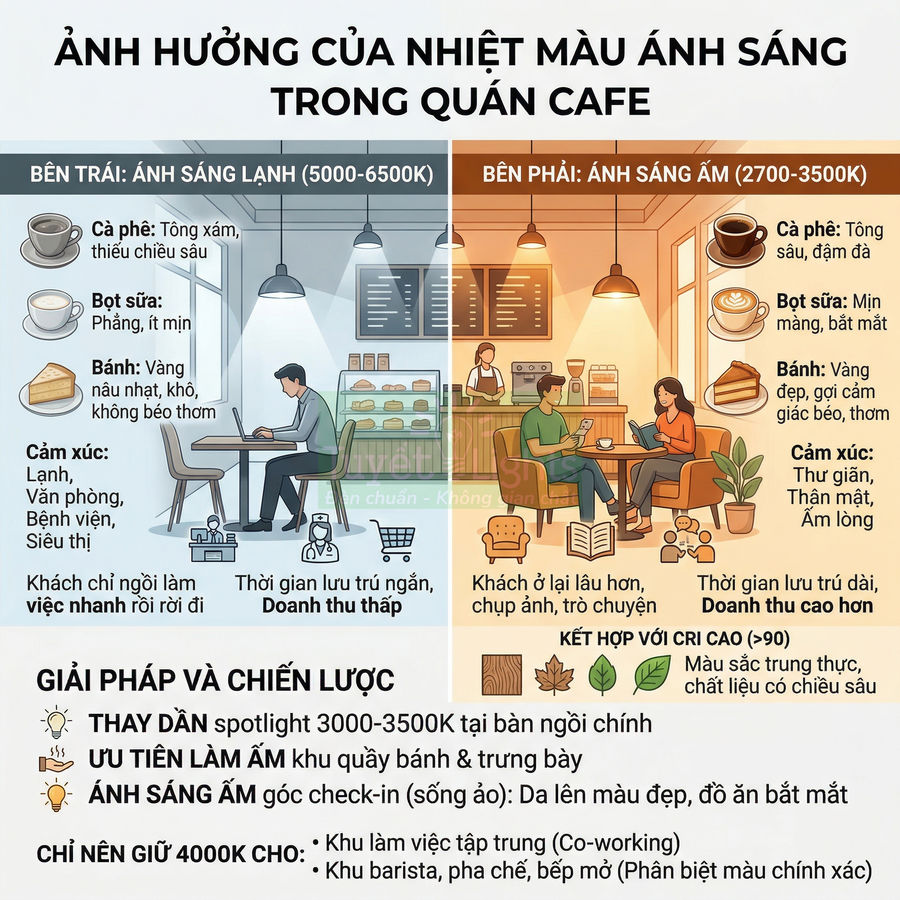 So sánh ánh sáng lạnh và ánh sáng ấm trong quán cafe, ảnh hưởng đến đồ uống, bánh và trải nghiệm khách hàng