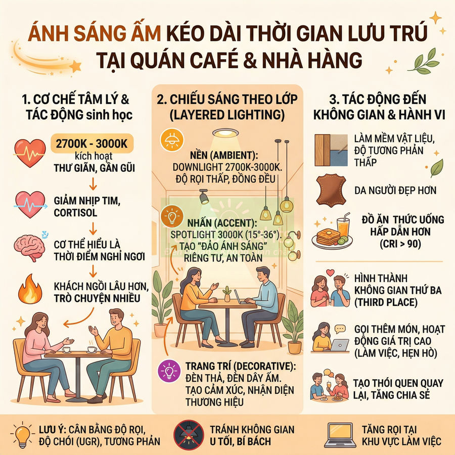 Infographic về lợi ích ánh sáng ấm 2700K 3000K trong quán cafe nhà hàng giúp thư giãn và tăng trải nghiệm khách hàng