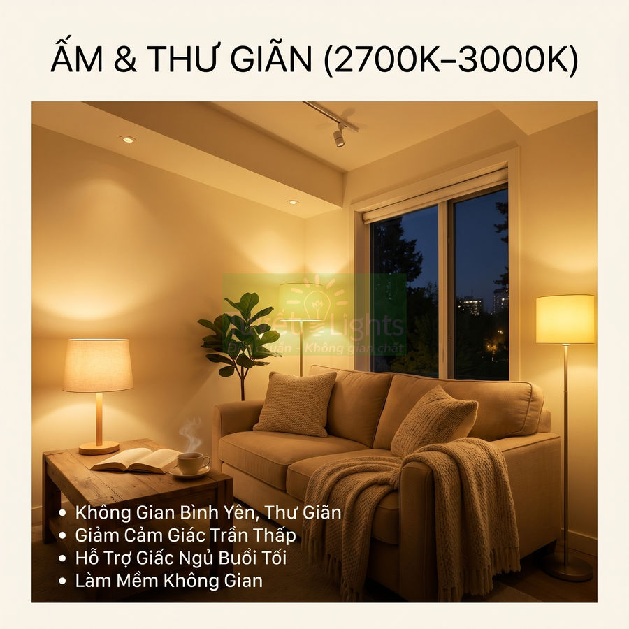 Phòng khách ấm cúng với đèn LED ánh sáng vàng 2700K 3000K tạo không gian thư giãn buổi tối
