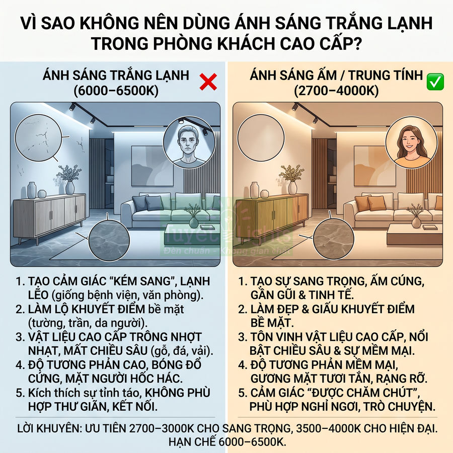 So sánh phòng khách dùng ánh sáng trắng lạnh và ánh sáng vàng trung tính, nhấn mạnh sự sang trọng và ấm cúng của ánh sáng 2700–4000K