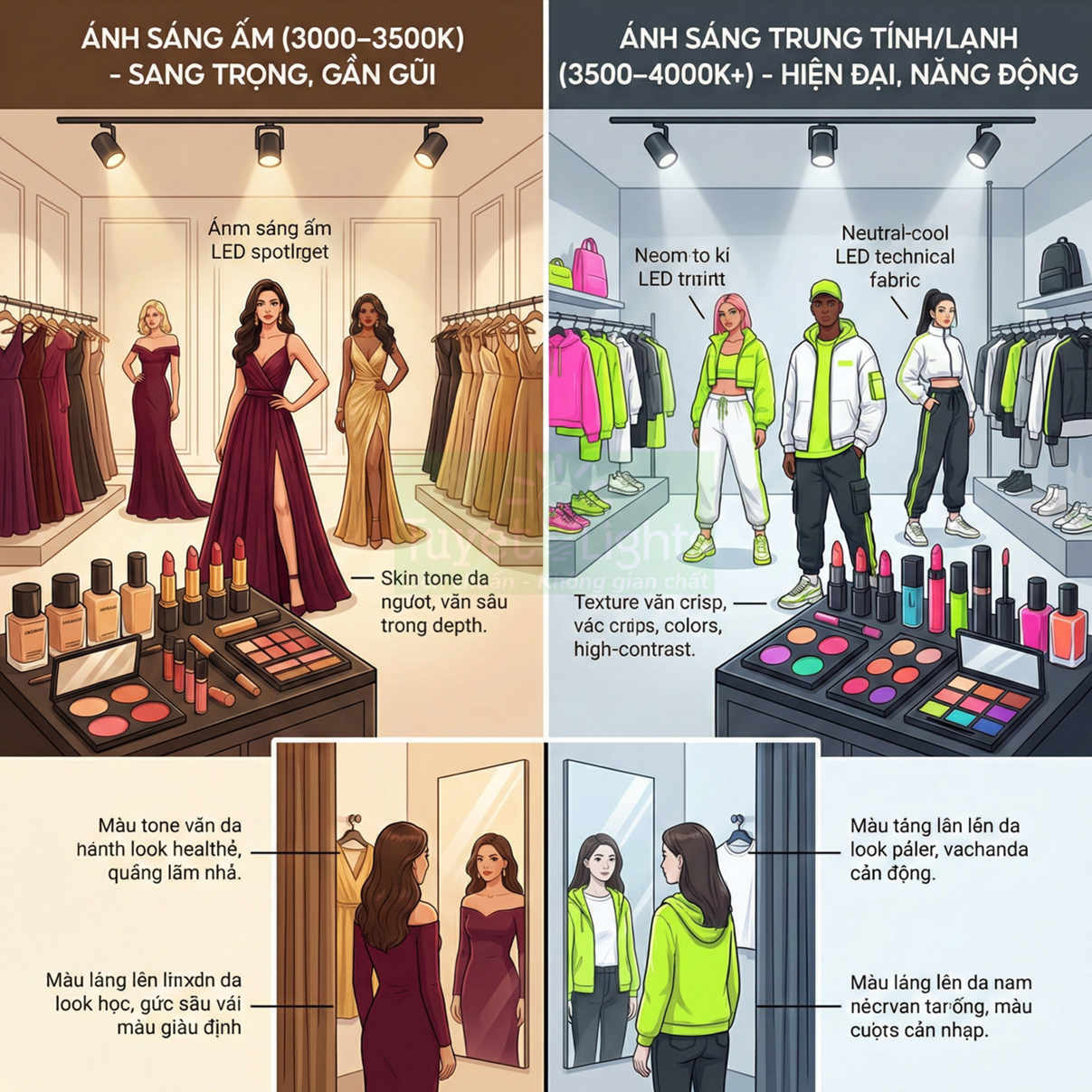 So sánh ánh sáng ấm và trung tính trong cửa hàng thời trang, ảnh hưởng đến màu váy dạ hội và đồ thể thao cùng mỹ phẩm