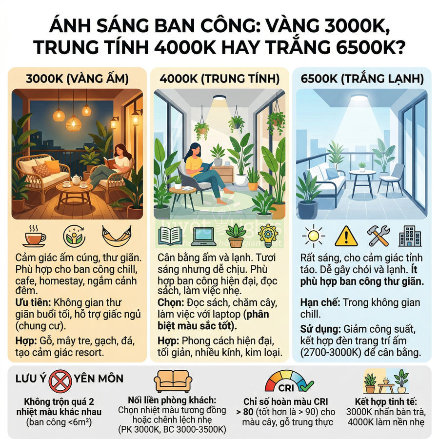 Infographic so sánh ánh sáng ban công 3000K, 4000K và 6500K với gợi ý chọn nhiệt màu phù hợp