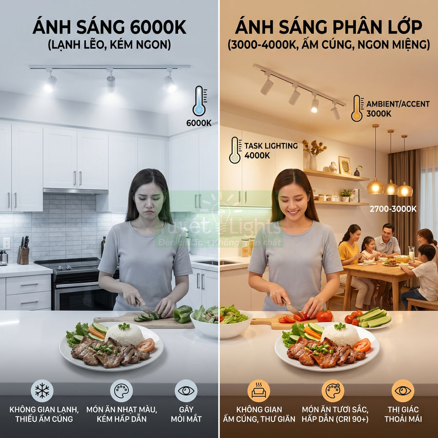 So sánh ánh sáng 6000K và ánh sáng phân lớp 3000-4000K trong bếp khi chuẩn bị bữa ăn gia đình
