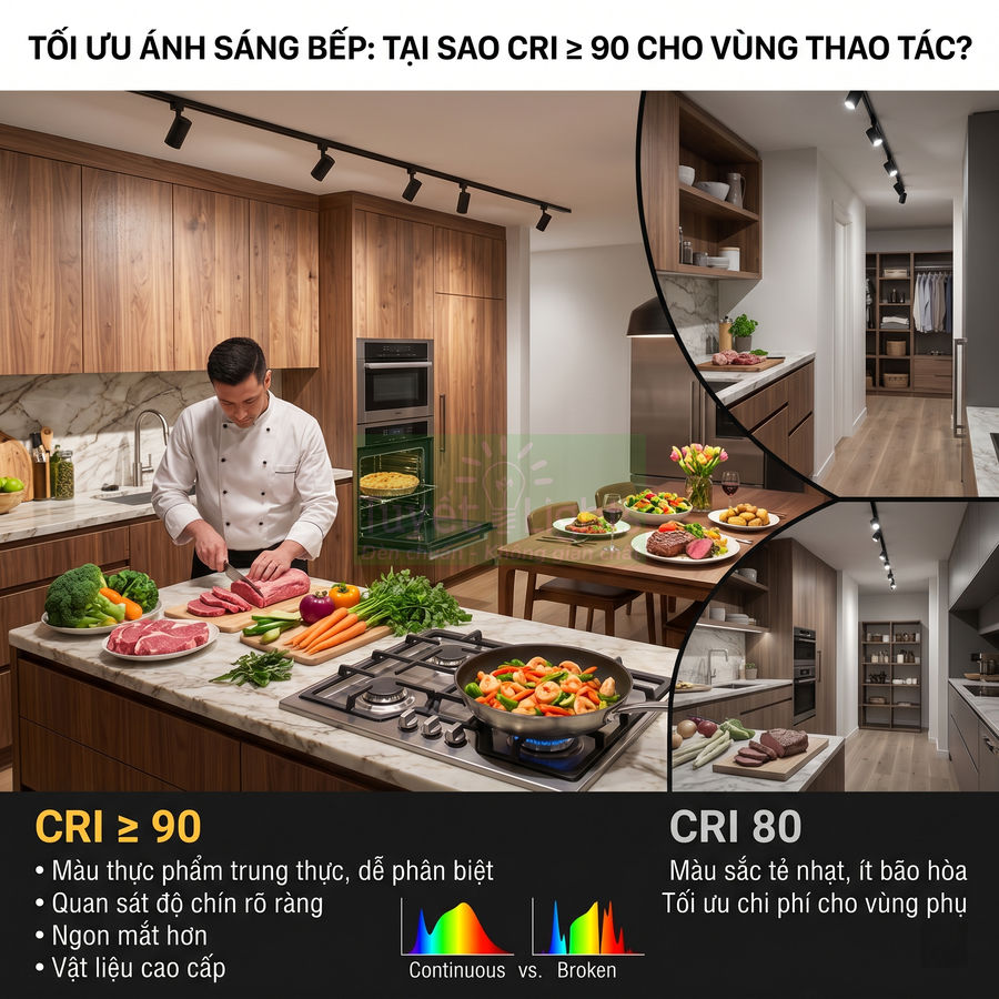 Đèn rọi ray CRI 90 chiếu sáng bếp hiện đại, đầu bếp chế biến thực phẩm tươi trên bàn đá marble