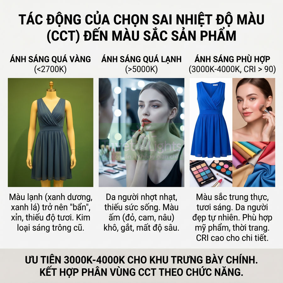 So sánh váy và mỹ phẩm dưới ánh sáng vàng, ánh sáng lạnh và ánh sáng phù hợp 3000K 4000K CRI cao