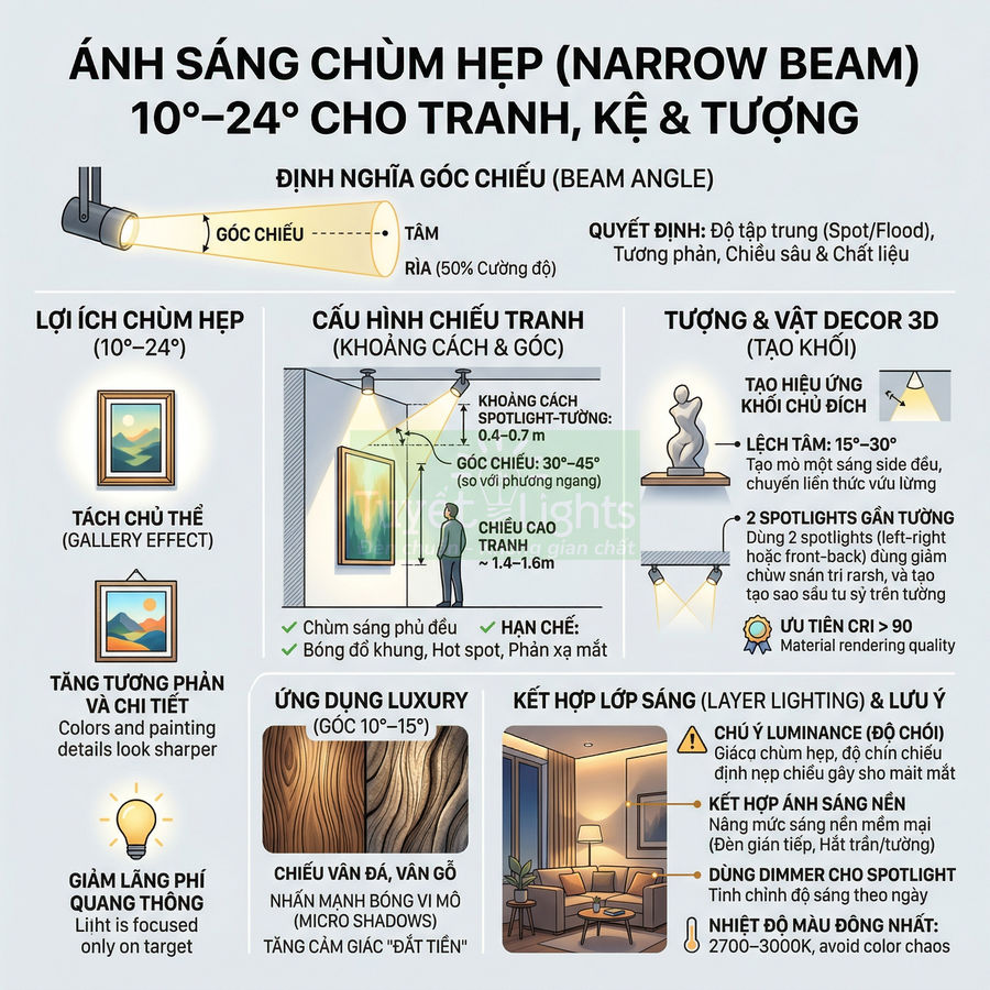 Infographic hướng dẫn sử dụng đèn spotlight chùm hẹp 10–24 độ để chiếu tranh, kệ và tượng decor trong nhà
