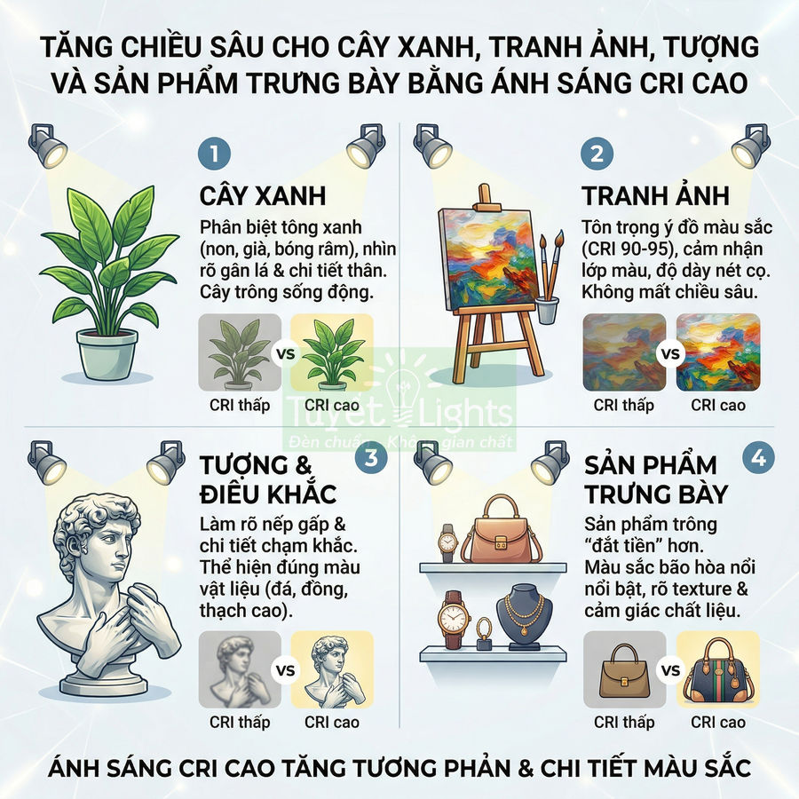 Đèn chiếu CRI cao làm nổi bật cây xanh, tranh vẽ, tượng điêu khắc và túi xách, đồng hồ, trang sức trưng bày trên kệ