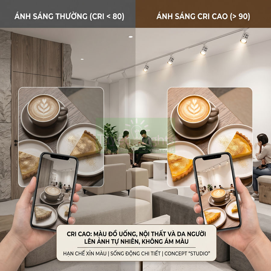 So sánh ánh sáng CRI cao và ánh sáng thường trong quán cà phê với ly latte, bánh ngọt và ảnh chụp bằng điện thoại