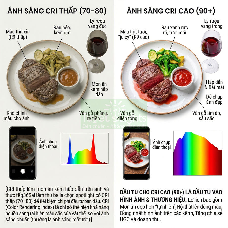 So sánh món bít tết chụp dưới ánh sáng CRI thấp và CRI cao, minh họa sự khác biệt màu sắc và độ hấp dẫn món ăn