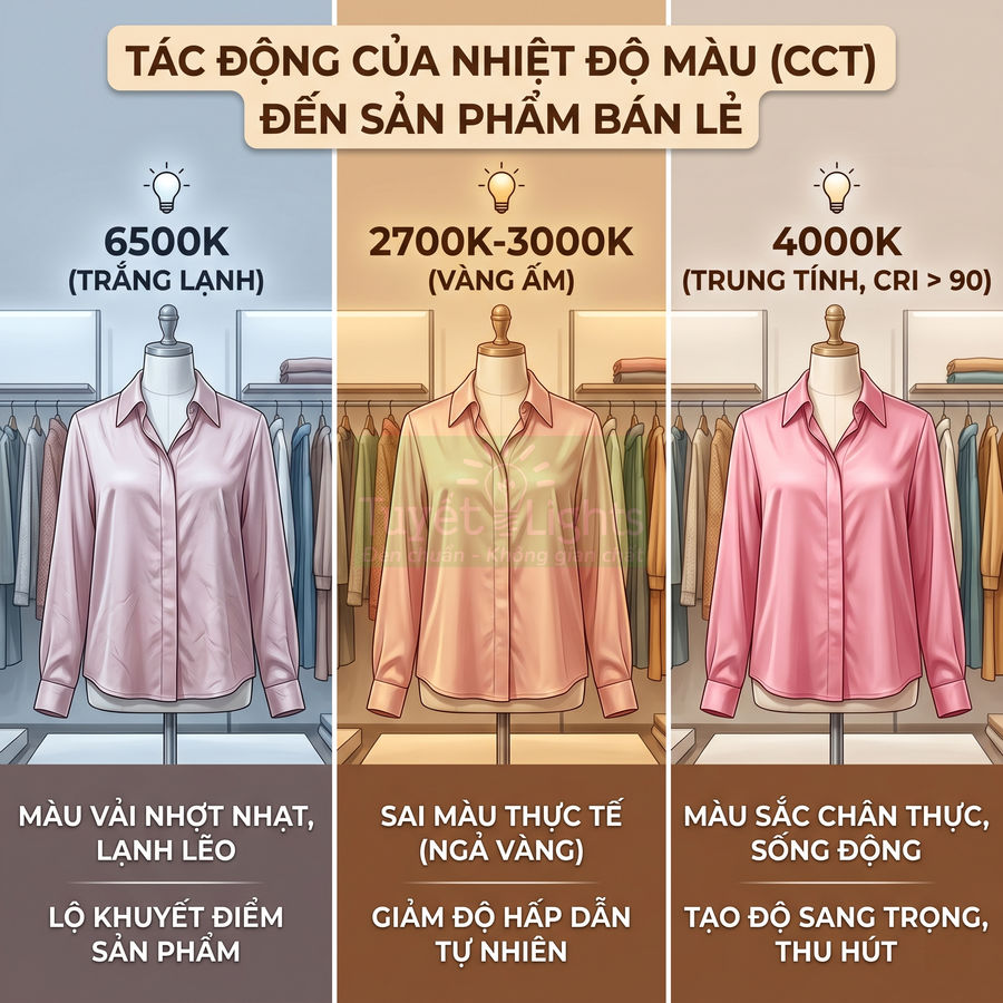 So sánh áo sơ mi dưới ánh sáng 6500K, 2700K 3000K và 4000K cho thấy ảnh hưởng nhiệt độ màu đến màu vải