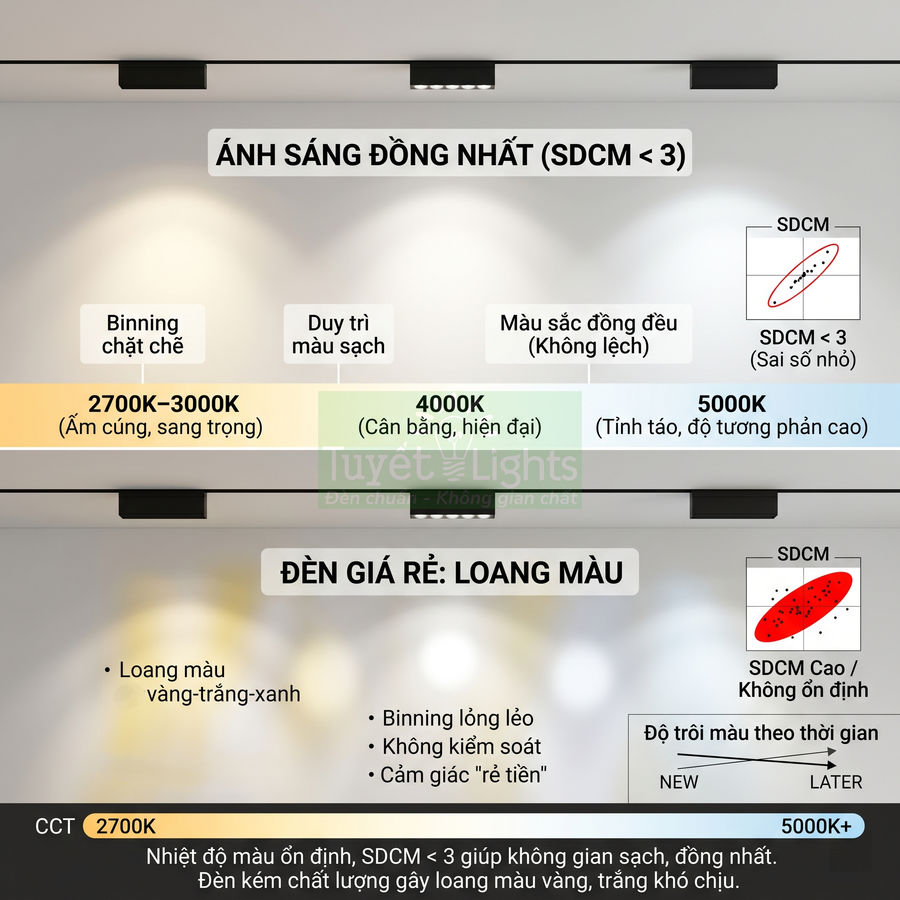 So sánh ánh sáng đèn LED chất lượng cao SDCM thấp và đèn giá rẻ loang màu của Tuyết Lights