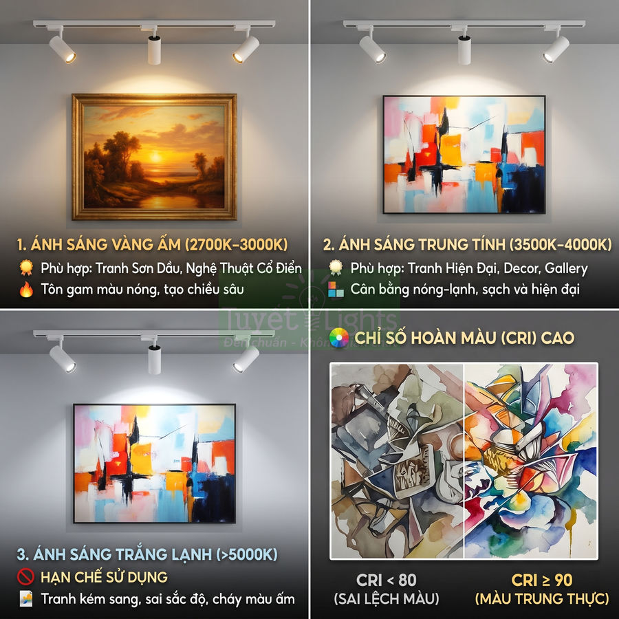 Đèn rọi tranh Tuyết Lights so sánh ánh sáng vàng, trung tính, trắng lạnh và chỉ số CRI chiếu tranh nghệ thuật