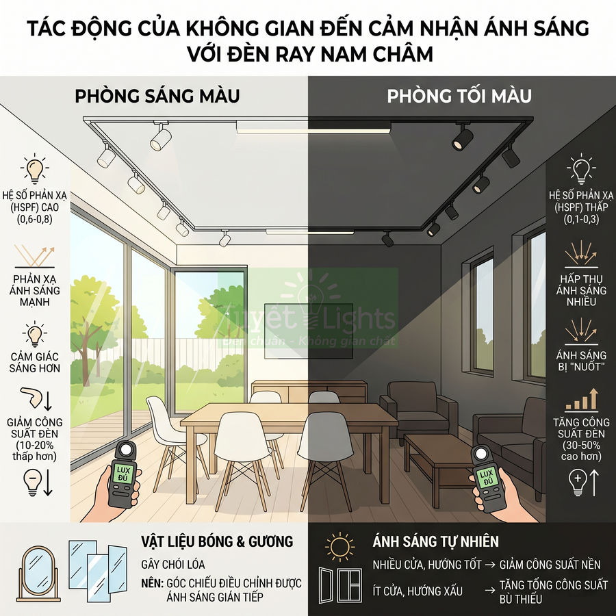 So sánh phòng sáng và tối dùng đèn ray nam châm, minh họa ảnh hưởng màu tường đến độ sáng và công suất đèn