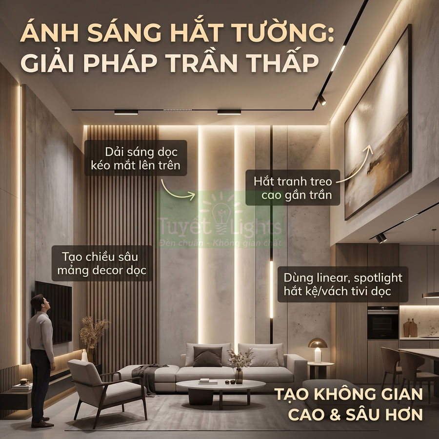 Phòng khách trần thấp dùng đèn hắt tường Tuyết Lights tạo dải sáng dọc làm không gian cao và sâu hơn