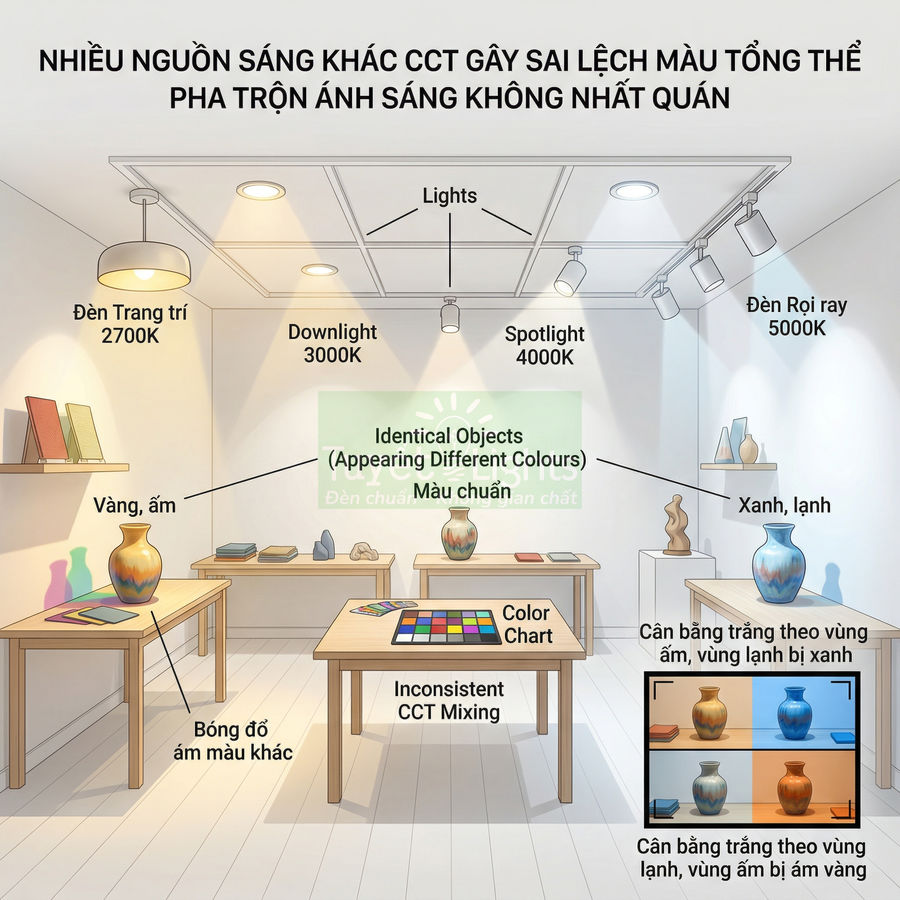 Minh họa phòng trưng bày với nhiều loại đèn LED CCT khác nhau làm đổi màu các bình gốm và bảng màu