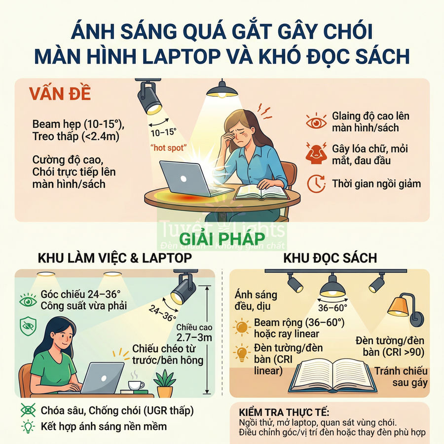 Infographic hướng dẫn bố trí đèn chiếu sáng cho màn hình laptop và khu đọc sách để giảm chói, bảo vệ mắt