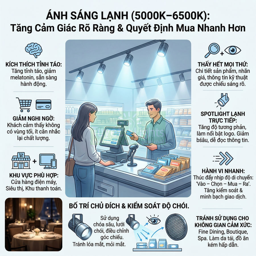 Minh họa quầy thanh toán siêu thị với ánh sáng lạnh 5000K 6500K làm nổi bật sản phẩm và khu vực tính tiền