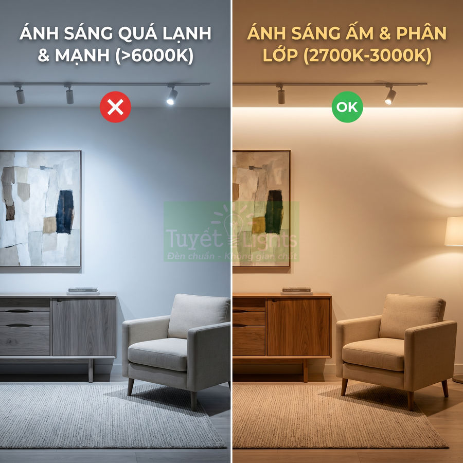 So sánh ánh sáng lạnh và ánh sáng vàng ấm cho phòng khách với ghế sofa và đèn trang trí