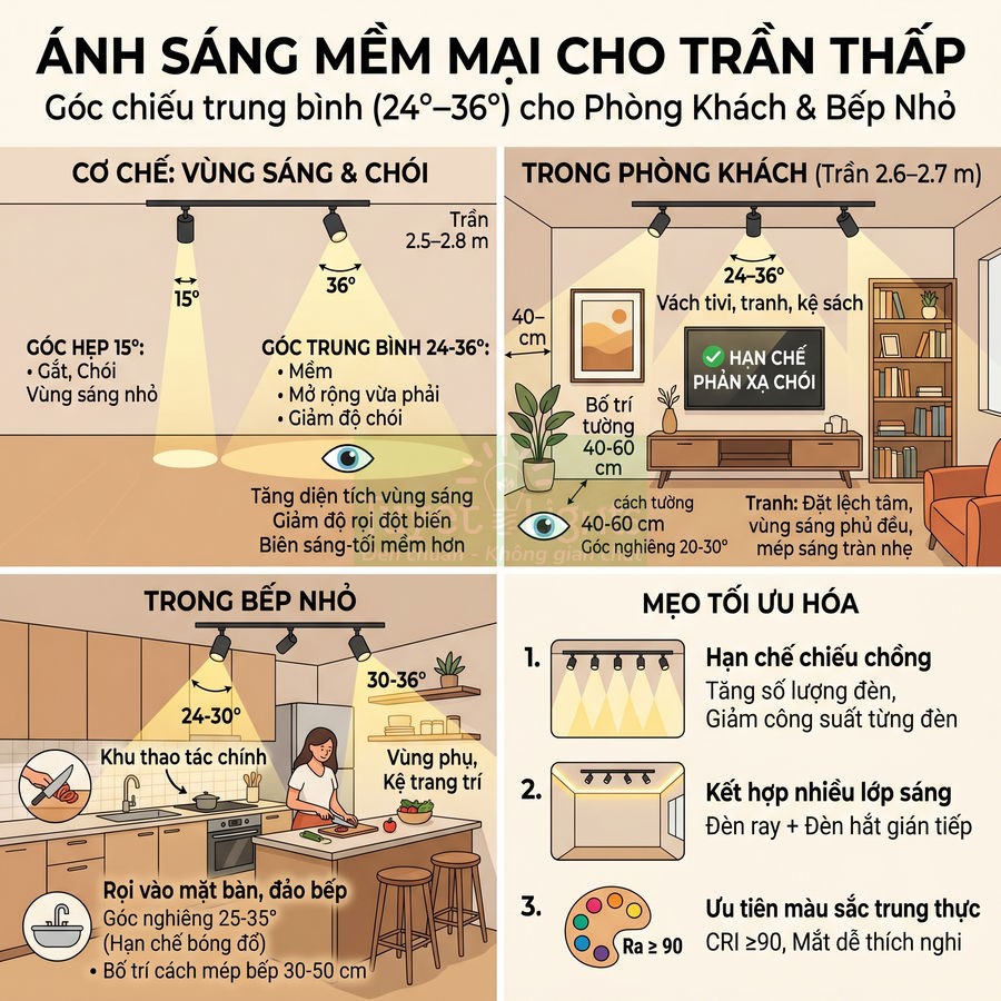 Infographic hướng dẫn bố trí đèn trần góc chiếu trung bình cho phòng khách và bếp nhỏ trần thấp