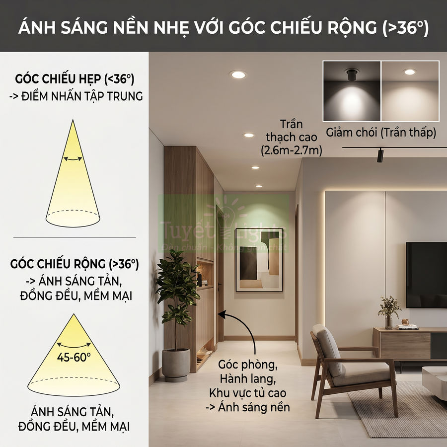 Đèn downlight âm trần góc chiếu rộng tạo ánh sáng nền mềm mại cho phòng khách và hành lang hiện đại