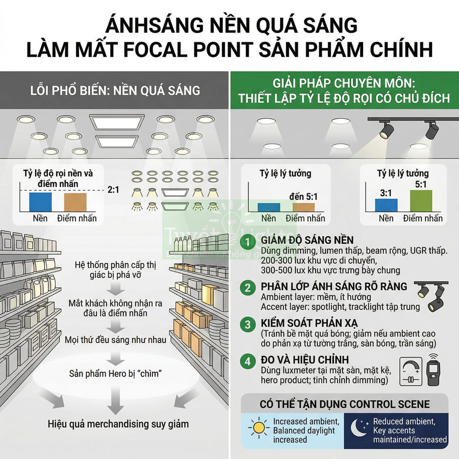 Infographic hướng dẫn thiết kế ánh sáng cửa hàng để làm nổi bật sản phẩm trưng bày trên kệ và tăng hiệu quả bán hàng