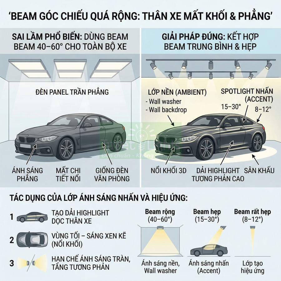 Minh họa hai chiếc ô tô trong showroom với các kiểu chiếu sáng khác nhau tạo hiệu ứng nổi khối thân xe