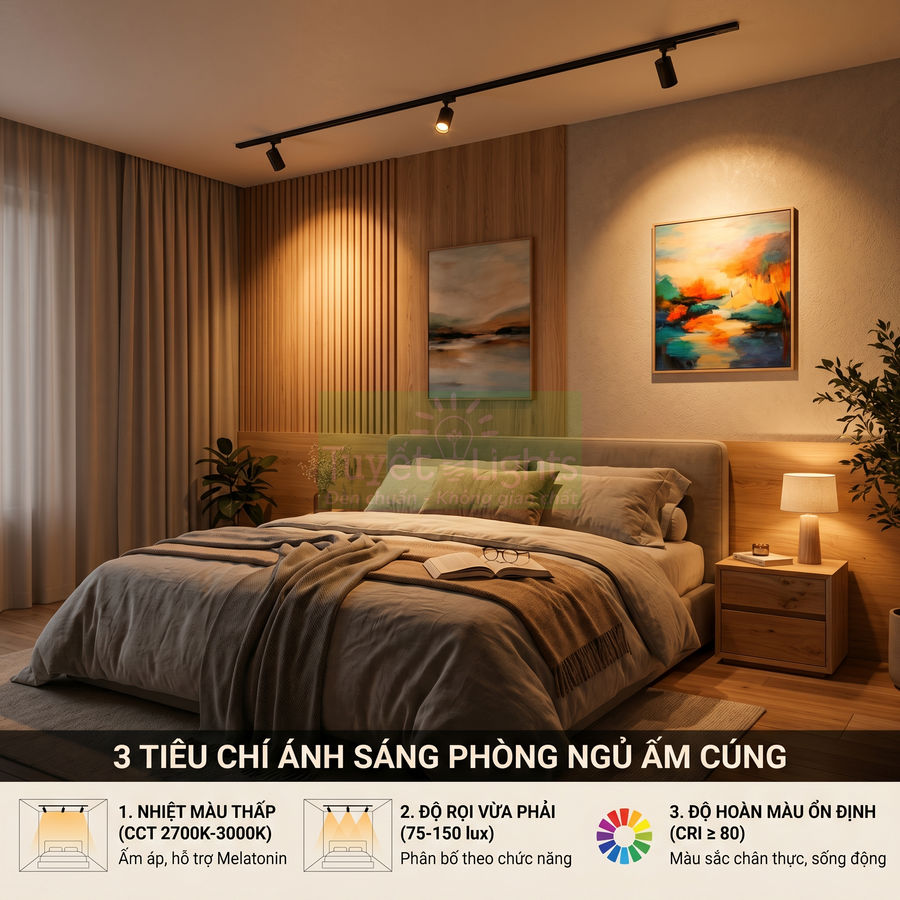 Phòng ngủ ấm cúng với giường đôi, đèn rọi trần và đèn bàn tạo ánh sáng vàng dịu thư giãn