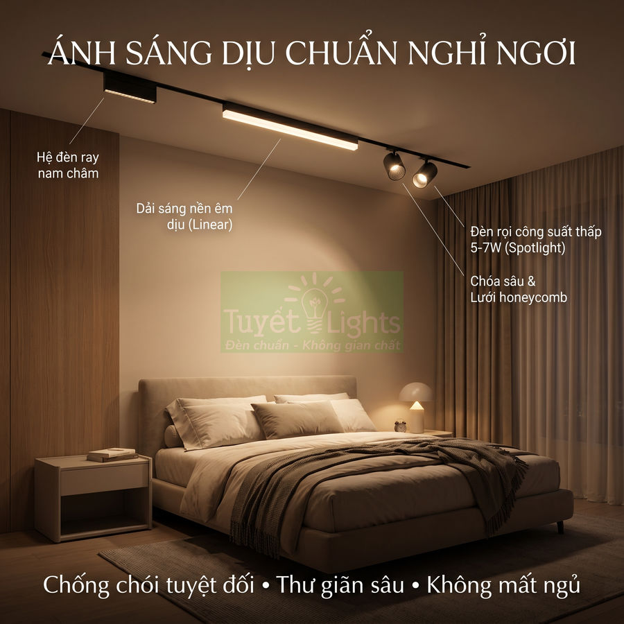Phòng ngủ ấm cúng sử dụng hệ đèn ray nam châm Tuyết Lights ánh sáng dịu chống chói cho giấc ngủ ngon