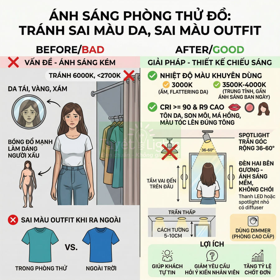Infographic hướng dẫn thiết kế ánh sáng phòng thử đồ để tránh sai màu da và sai màu trang phục