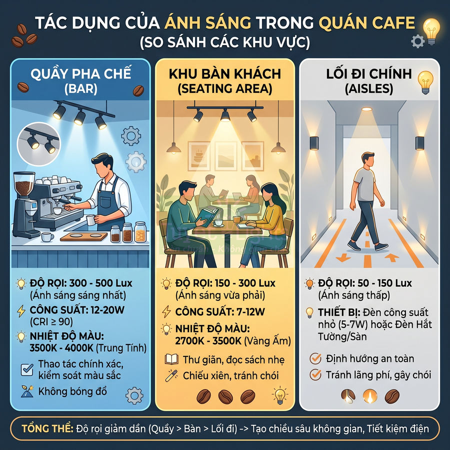 Infographic so sánh độ sáng, công suất và nhiệt độ màu cho quầy pha chế, khu bàn khách và lối đi trong quán cafe