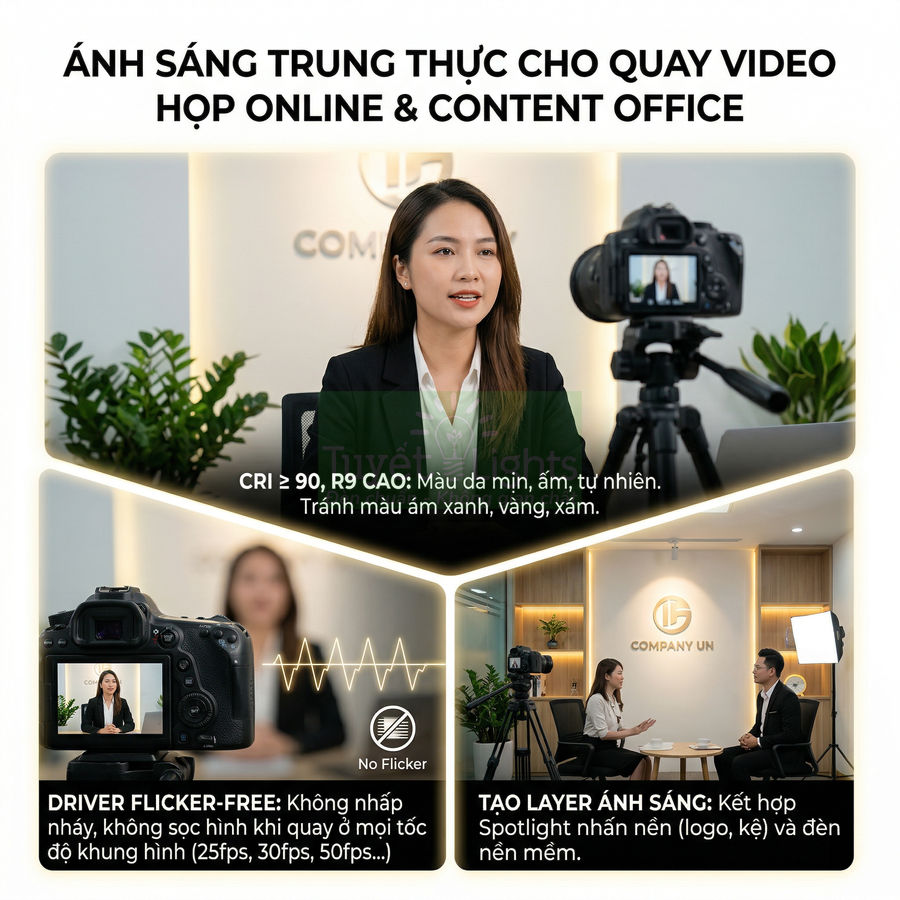 Đèn quay video ánh sáng trung thực cho họp online và content office, chống nhấp nháy, tạo da người tự nhiên