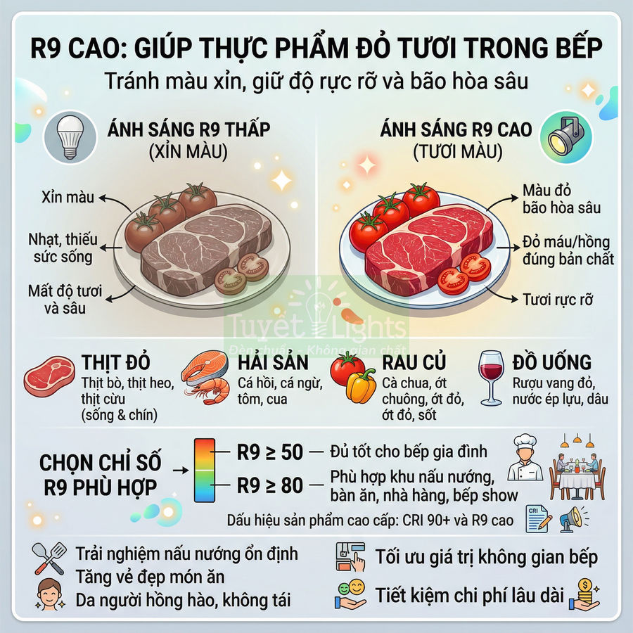 Infographic so sánh ánh sáng R9 thấp và R9 cao giúp thực phẩm đỏ như thịt, hải sản, rau củ trông tươi ngon hơn trong bếp
