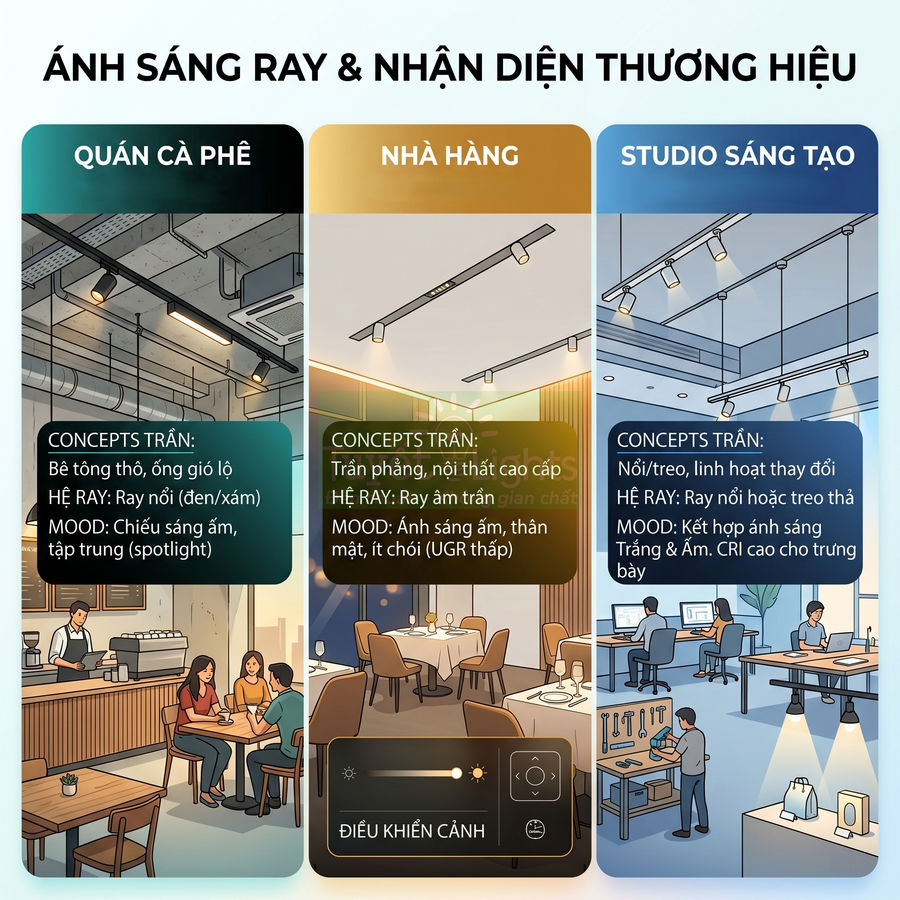 Hệ thống đèn ray chiếu sáng cho quán cà phê, nhà hàng và studio sáng tạo với điều khiển cảnh linh hoạt