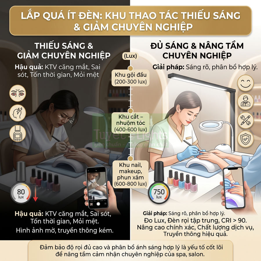 Bàn làm nail spa với kỹ thuật viên sử dụng đèn chiếu sáng chuyên dụng và các lọ sơn móng tay nhiều màu
