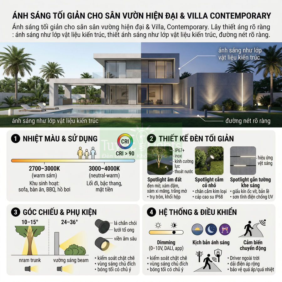Giải pháp đèn LED chiếu sáng sân vườn và villa hiện đại với spotlight âm đất, gắn tường, cảm biến và dimming