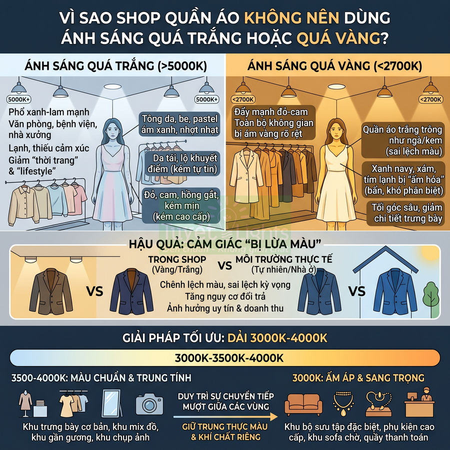 Infographic giải thích vì sao shop quần áo không nên dùng ánh sáng quá trắng hoặc quá vàng và gợi ý dải 3000K 4000K
