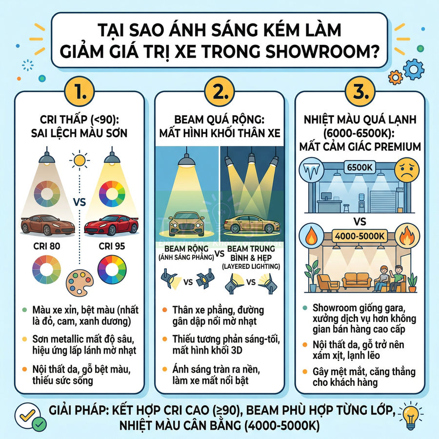 Infographic giải thích vì sao ánh sáng kém làm giảm giá trị xe trong showroom và gợi ý giải pháp chiếu sáng phù hợp