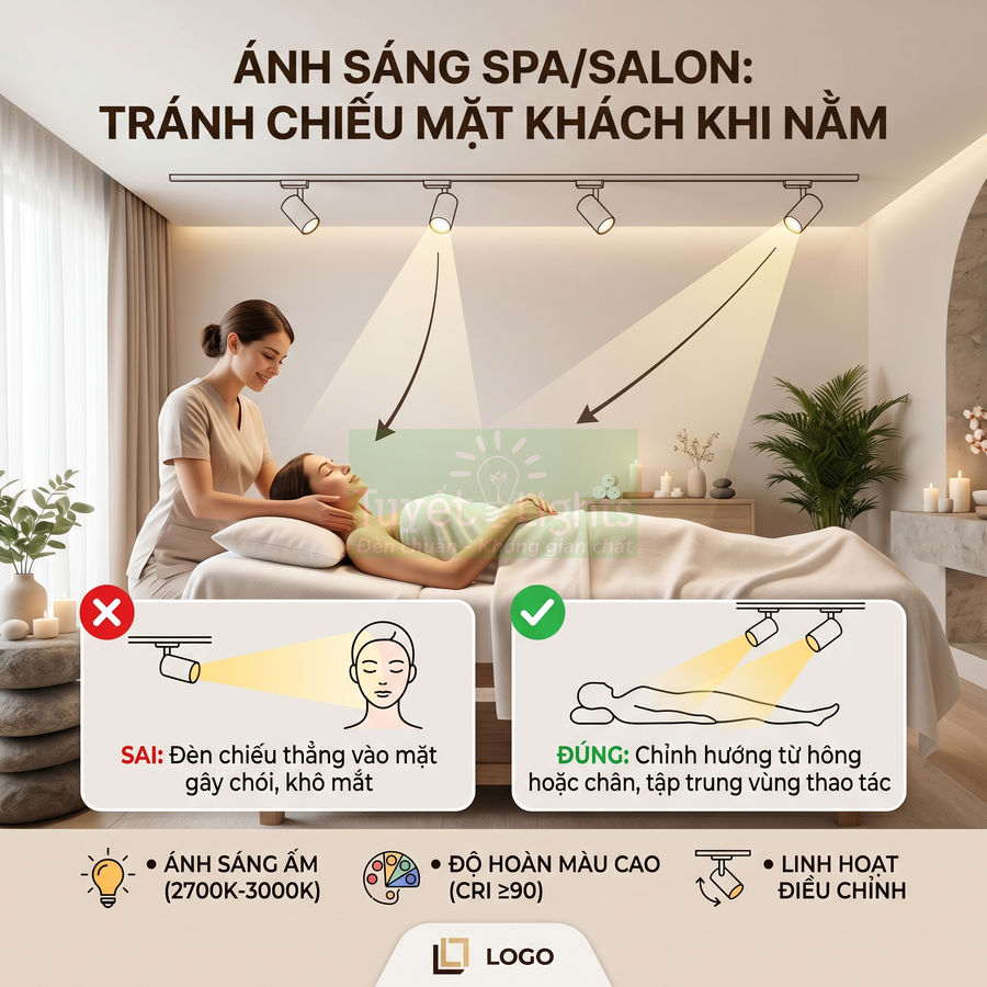 Đèn rọi ray spa chiếu sáng ấm, điều chỉnh tránh chiếu thẳng vào mặt khách nằm massage trên giường spa