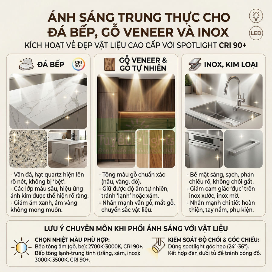 Đèn spotlight CRI 90 chiếu sáng trung thực cho đá bếp, gỗ veneer và bề mặt inox trong không gian bếp hiện đại