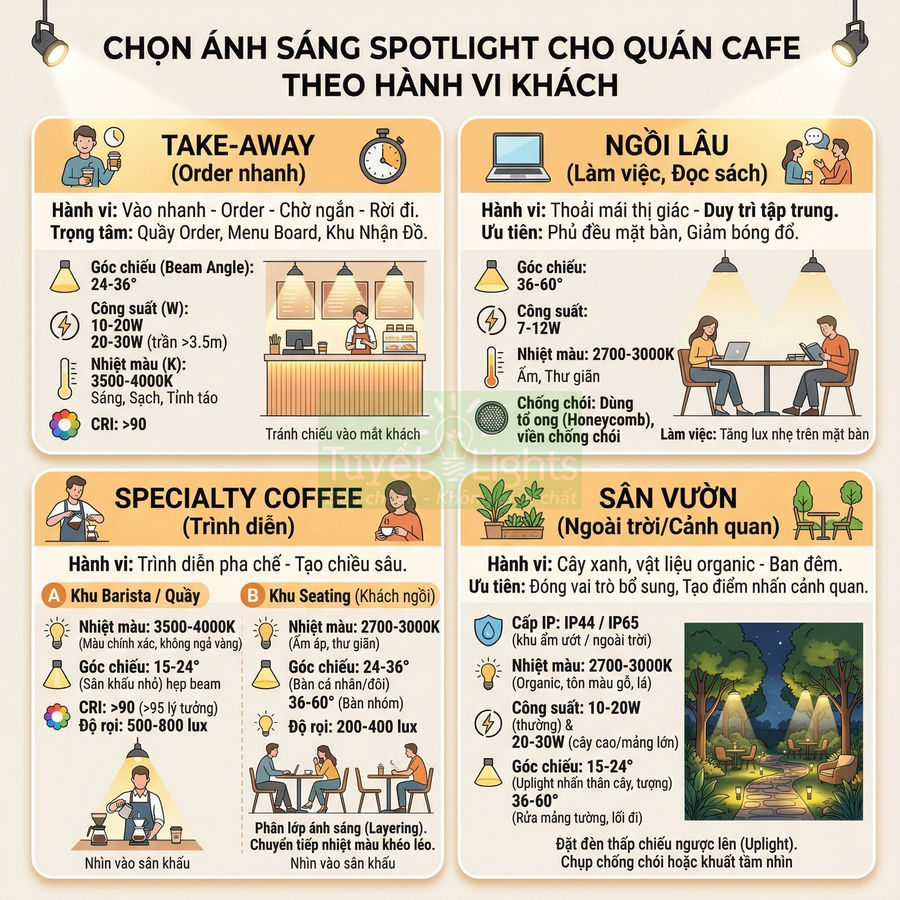 Infographic hướng dẫn chọn ánh sáng spotlight cho quán cafe theo từng khu vực và hành vi khách hàng