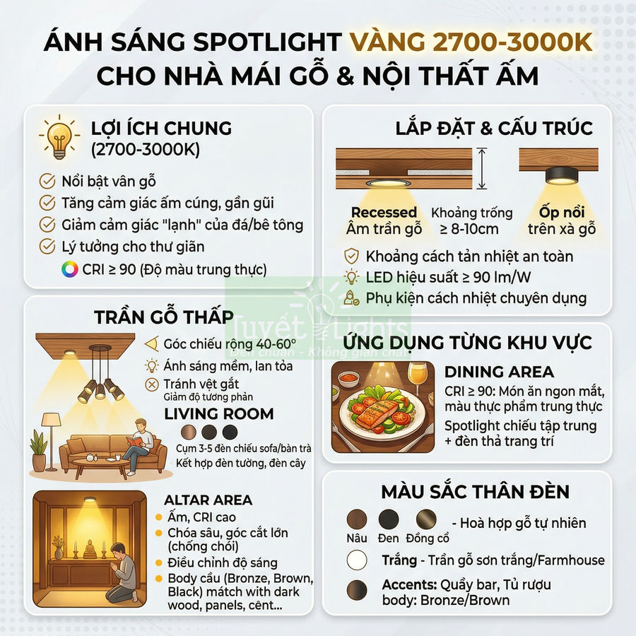 Infographic hướng dẫn chọn và lắp đặt đèn spotlight vàng 2700-3000K cho trần gỗ và nội thất ấm