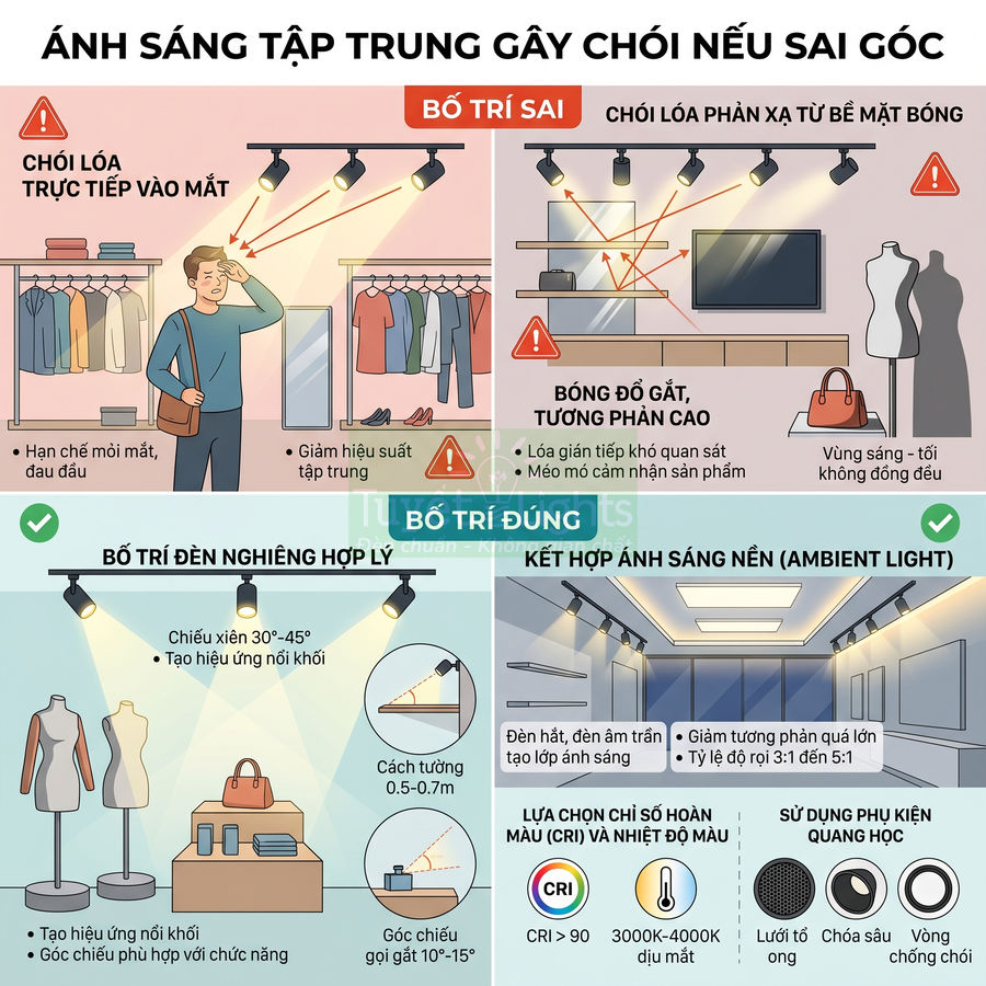 Minh họa bố trí đèn rọi ray trong cửa hàng thời trang với ví dụ sai và đúng để tránh chói lóa và tăng hiệu ứng trưng bày