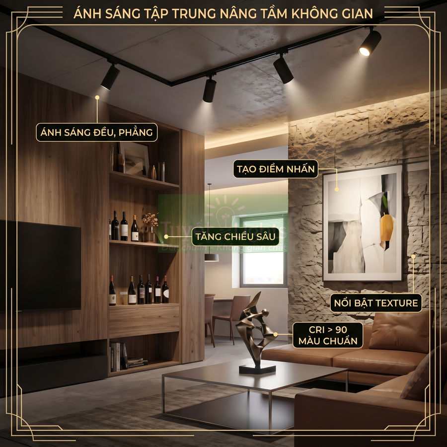 Đèn rọi ray LED chiếu sáng phòng khách hiện đại, tạo điểm nhấn tranh tường và kệ gỗ trang trí