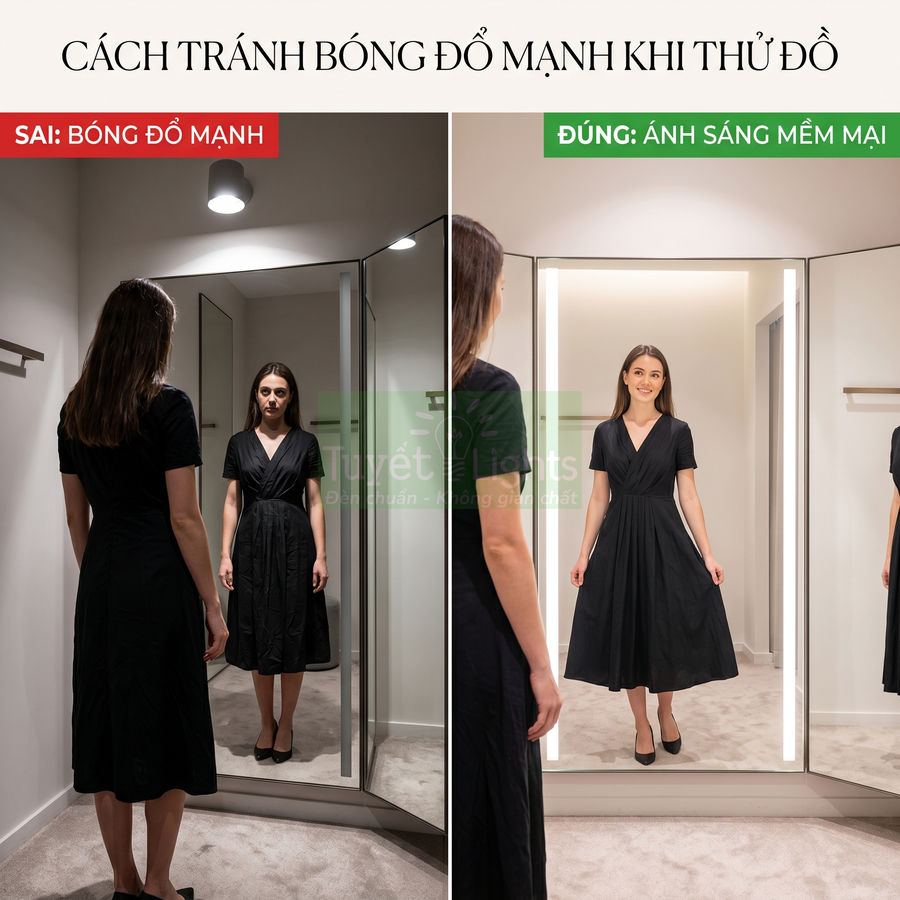 So sánh phòng thử đồ dùng đèn trần bóng đổ mạnh và đèn ánh sáng mềm giúp tôn dáng khi mặc váy đen