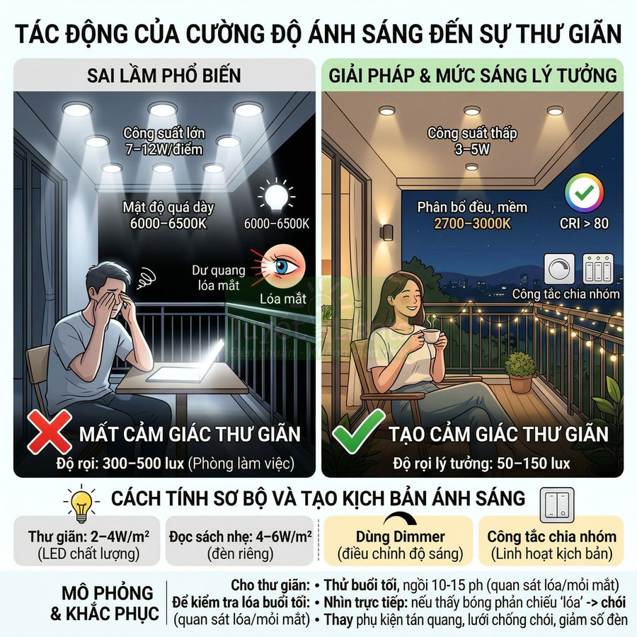 Minh họa so sánh ban công dùng đèn LED công suất lớn gây chói với đèn LED công suất thấp ánh sáng vàng tạo cảm giác thư giãn